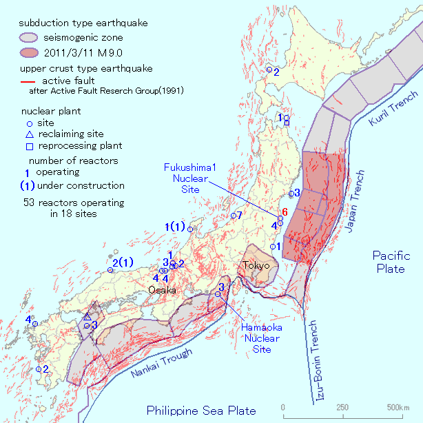 日本地図；原発と震源域、活断層図