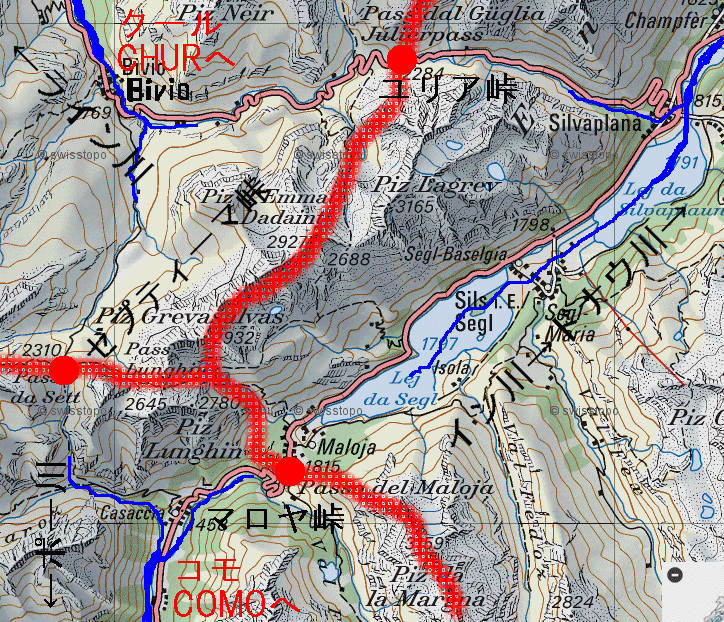 アルプスの分水嶺・峠の拡大地図