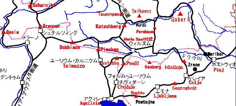 古代ローマの道(ローマ軍用道路)とアルプスの峠Roman-Road/Alpen-Pass⇒【ケルト人・ハルシュタット文化：Kelt-Hallstatt】　【琥珀街道/塩の道：Amber-Strasse/Salt-Road】　【アルプスの歴史：Alps-History】も参考に